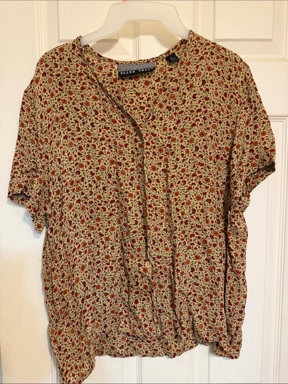 Ellen Tracy Beige Button-Front Blouse with Red Floral Print